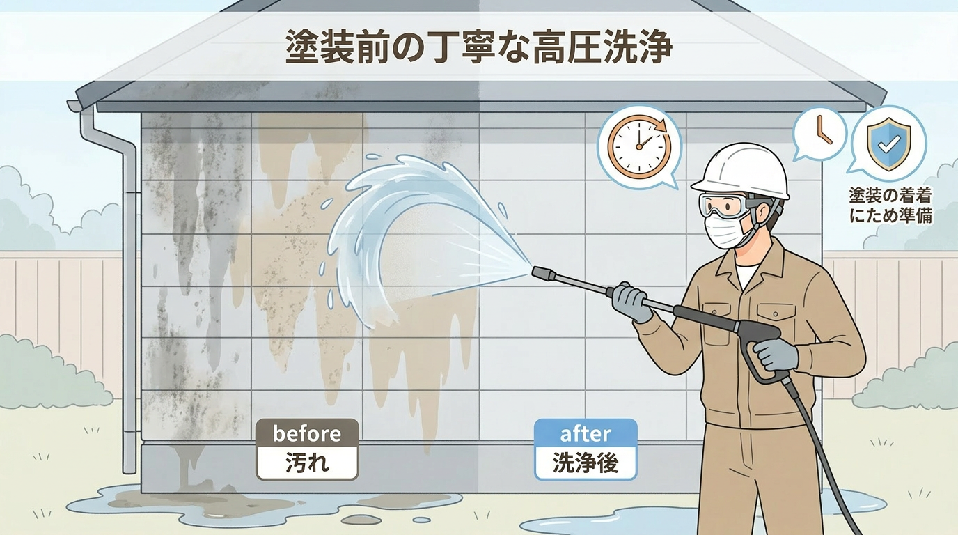 Step 07 : 高圧洗浄（既存塗膜・汚れ除去）